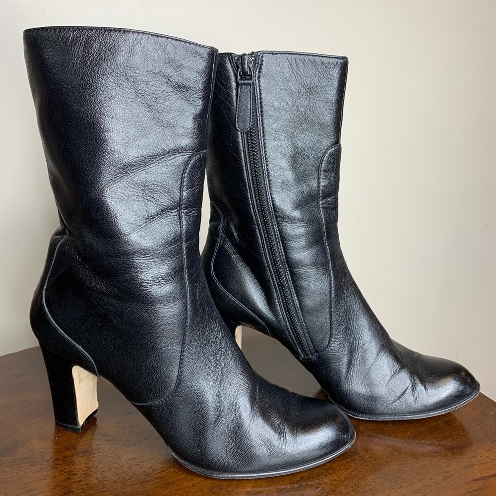 Cole Hann Black Leather Mid-Calf Heeled Boot